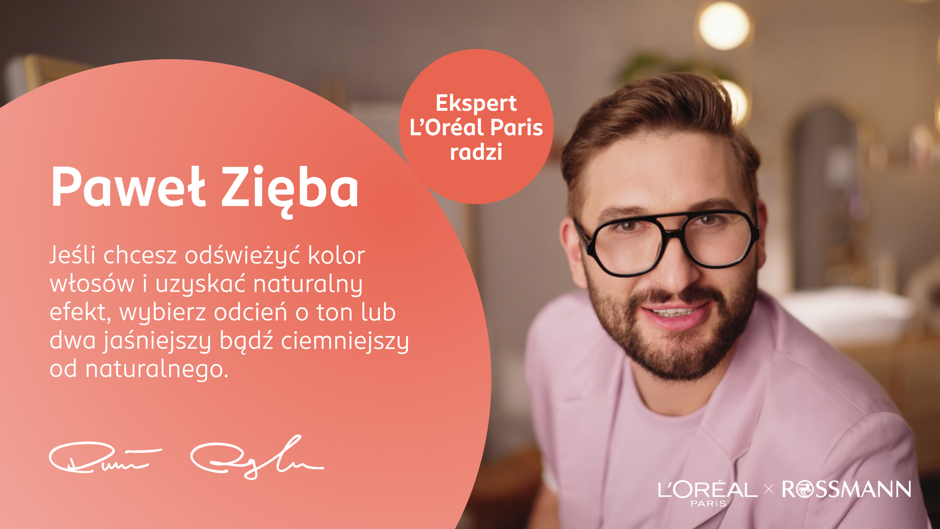 Grafika z poradą Pawła Zięby, eksperta Akademii Koloryzacji, dotycząca odświeżenia koloru włosów