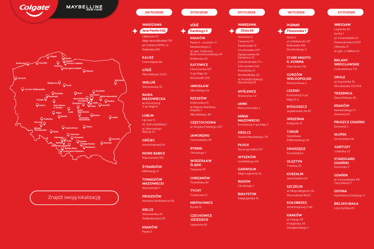 Mapa drogerii Rossmann biorących udział w jesiennym Glow Up Your Smile Tour Colgate Max White i Maybelline New York.