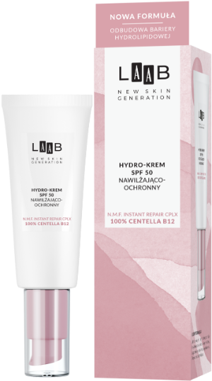 Opakowanie i tubka AA LAAB Skin Barrier Protection SPF 50 - hydro-krem do twarzy, Centella B12, SPF 50