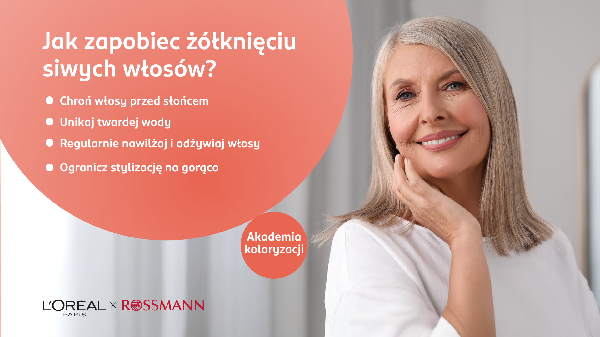 Kobieta z siwymi włosami bez żółtych odcieni.