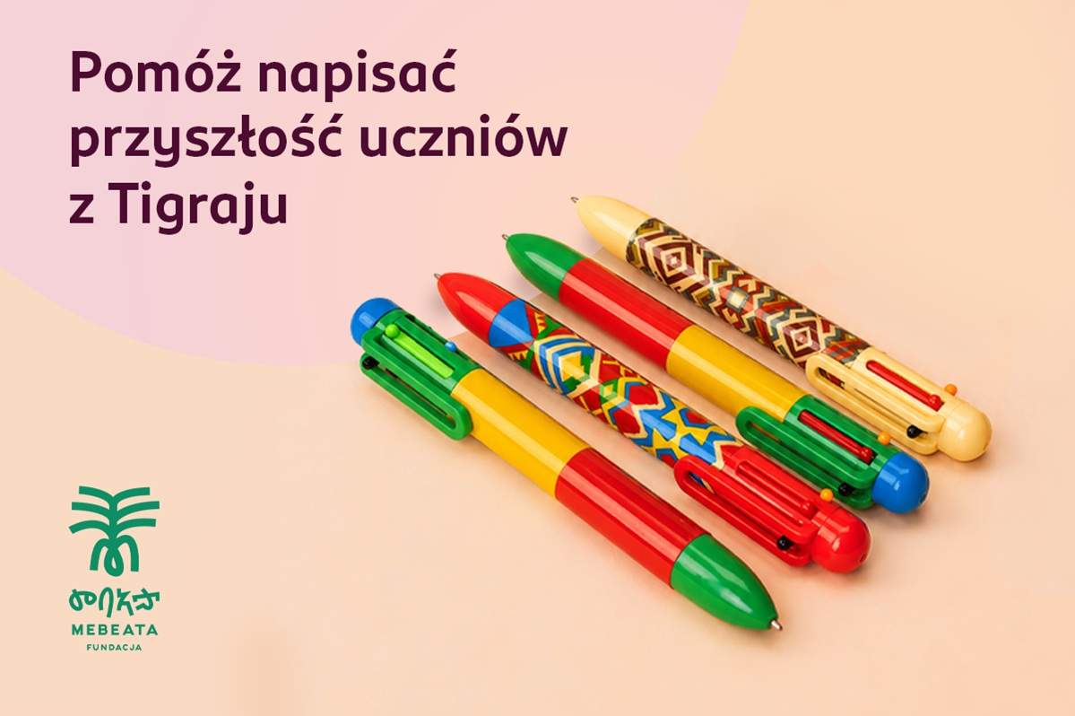 Grafika z kolorowymi długopisami zachęcająca do pomocy uczniom z Tigraju