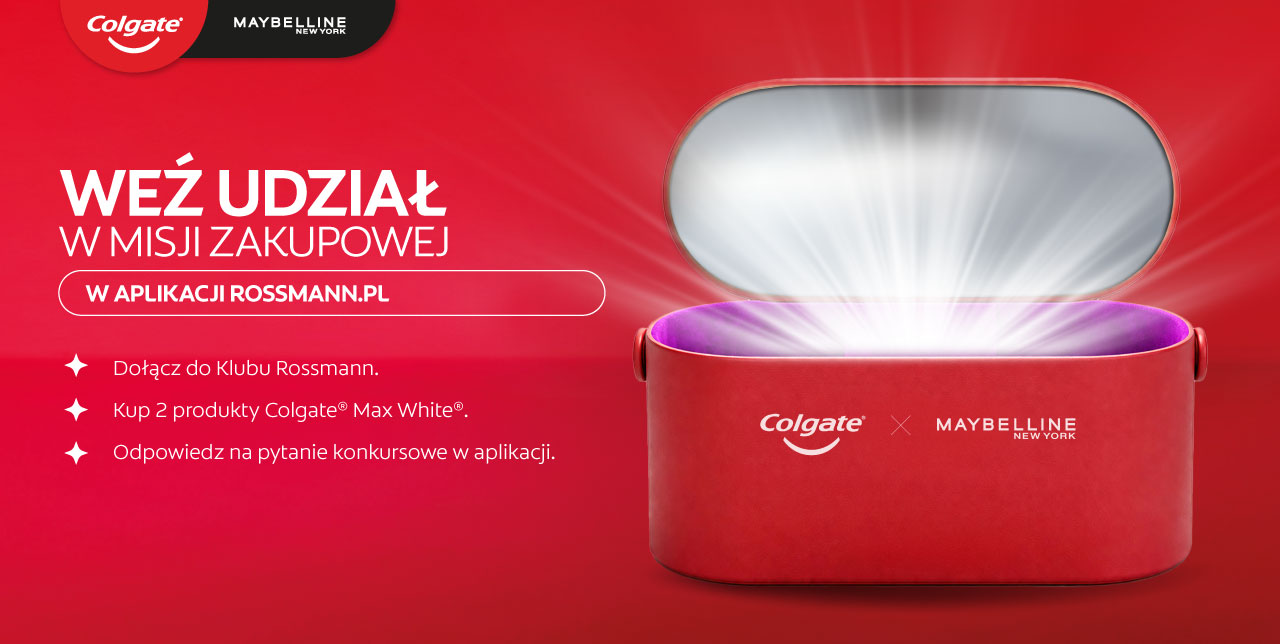 Grafika promująca misję zakupową w aplikacji Rossmann. Po zakupie dwóch produktów Colgate Max White i odpowiedzi na pytanie konkursowe można wziąć udział w akcji z nagrodami Colgate i Maybelline.