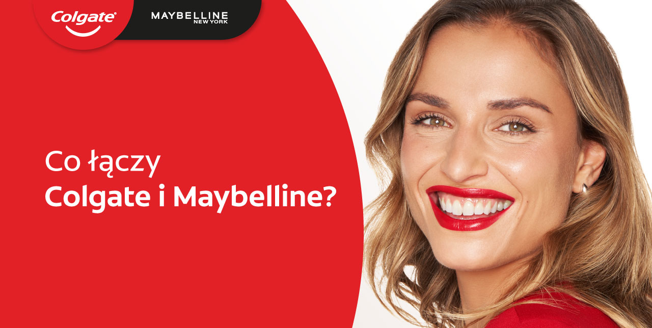 Uśmiechnięta kobieta z czerwonymi ustami i białymi zębami na grafice promującej Colgate i Maybelline.