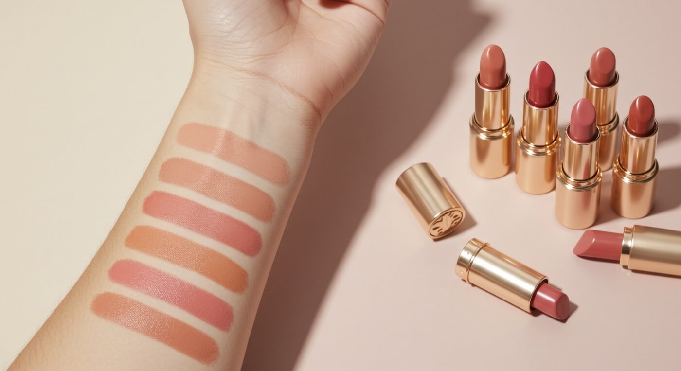 Odcienie pomadek naniesione na przedramię – porównanie kolorów, które pomaga zdecydować, jak dobrać kolor szminki.