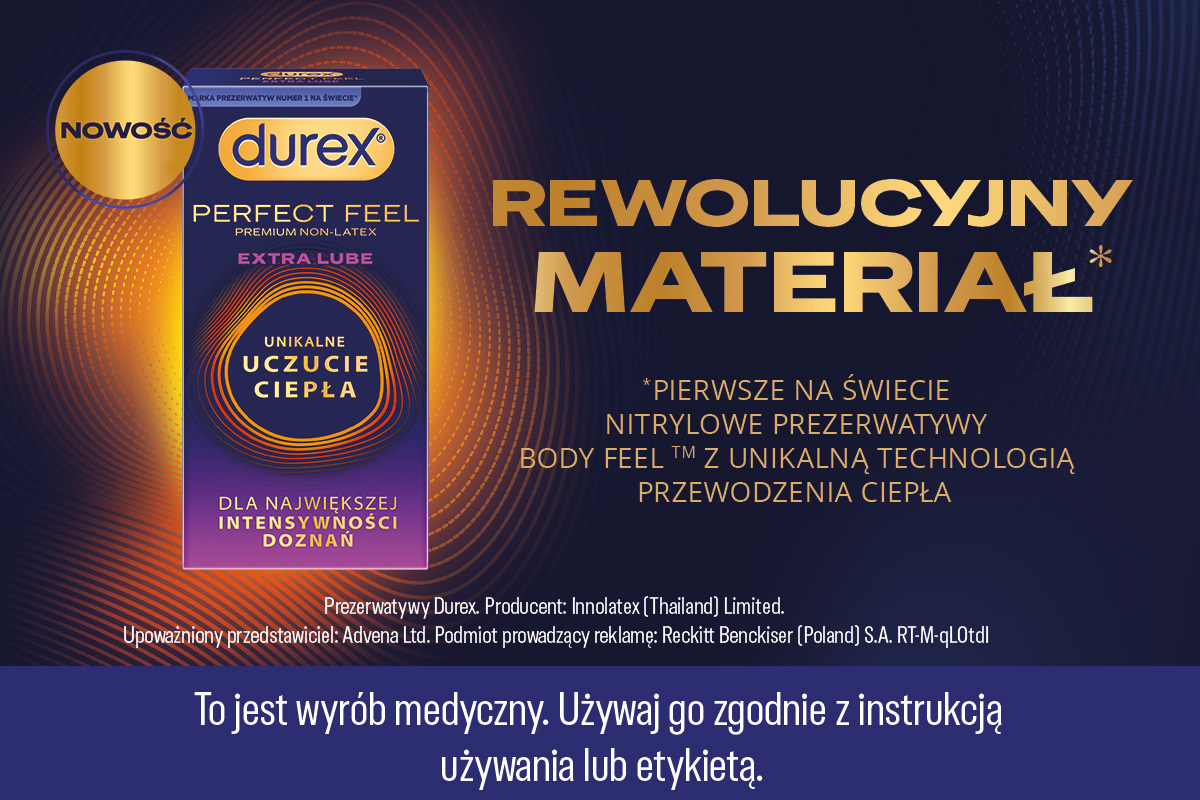 Opakowanie prezerwatyw Durex Perfect Feel Extra Lube na granatowym tle