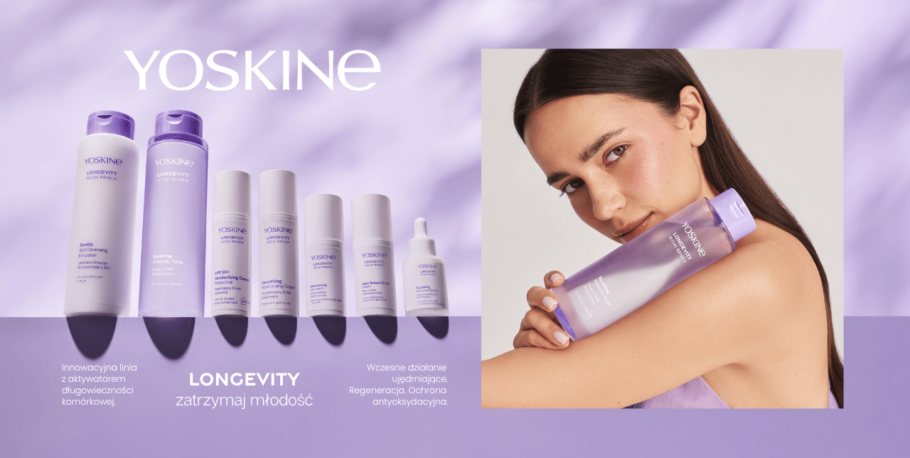 Produkty Yoskine Longevity do pielęgnacji twarzy oraz modelka trzymająca kosmetyk z linii przeciwstarzeniowej