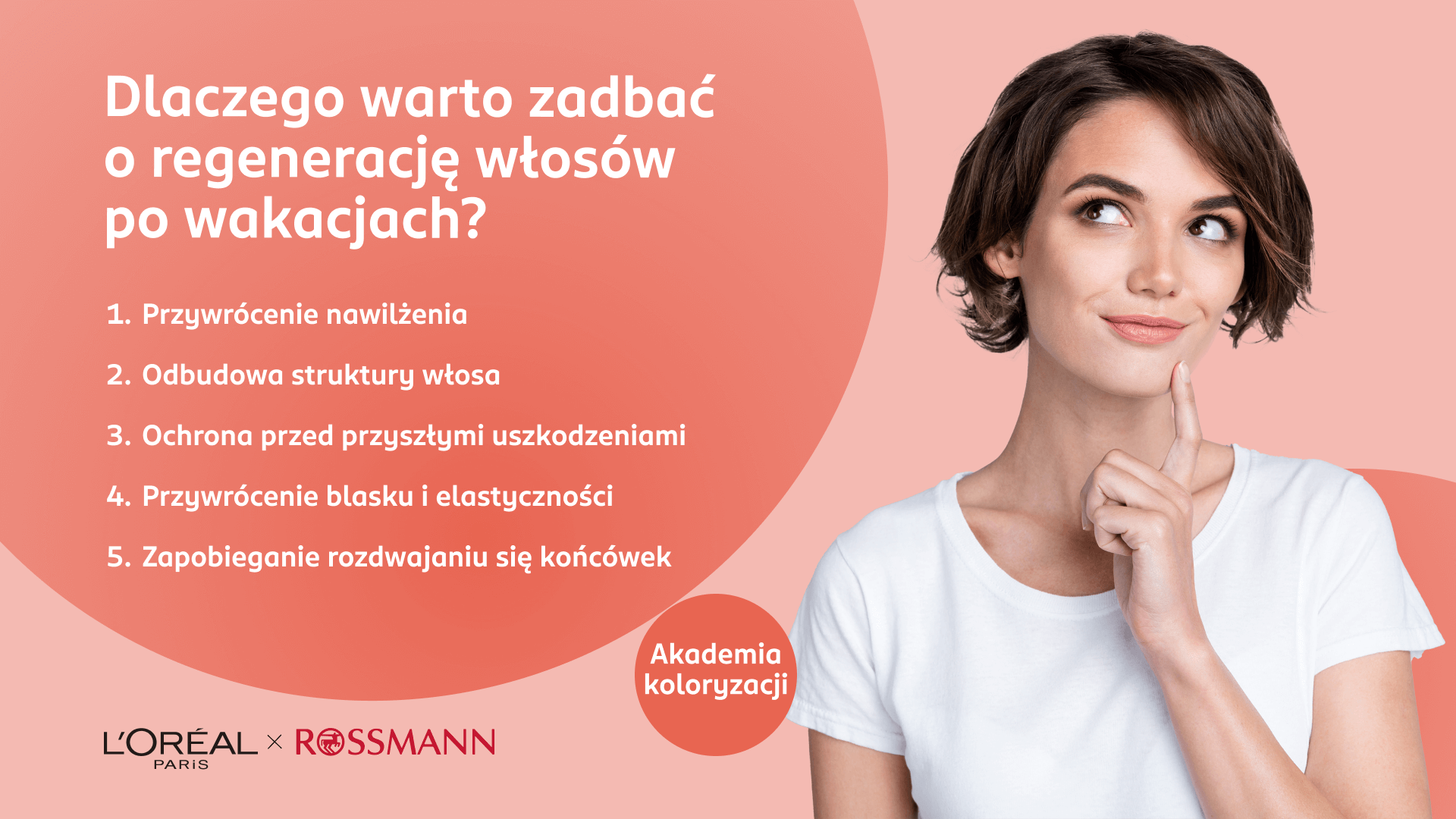 Kobieta z krótkimi, brązowymi włosami zastanawia się, dlaczego warto zadbać o regenerację włosów po wakacjach?