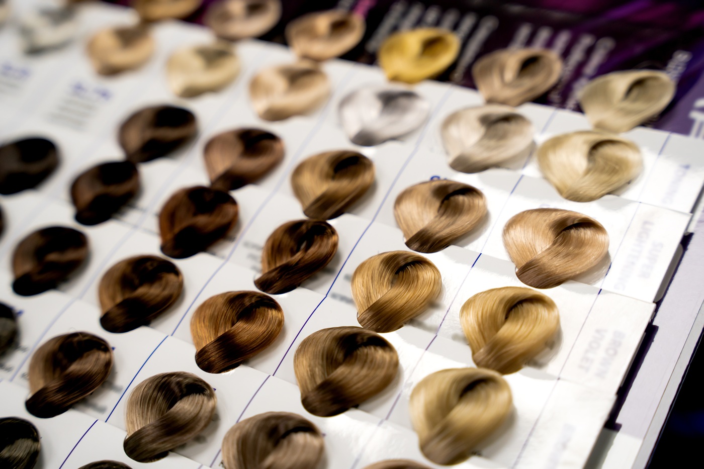 Próbnik kolorów farb do włosów ułożony na białej planszy, z pasmami w różnych odcieniach.