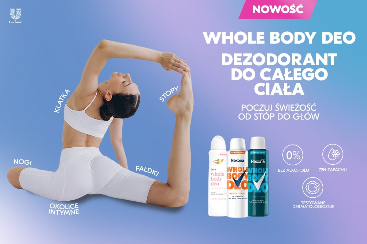 Produkty Dove i Rexona Whole Body Deo oraz hasła reklamowe, obok kobieta w białym stroju w pozycji jogi