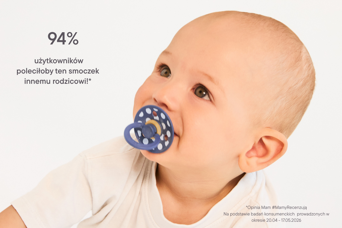 Niemowlę ze smoczkiem uspokajającym BIBS – 94% użytkowników poleciłoby go innym rodzicom