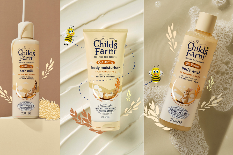 Trzy kosmetyki Childs Farm z linii OatDerma dla skóry wrażliwej: mleczko do kąpieli Bath Milk, balsam do ciała Body Moisturiser oraz żel do mycia ciała Body Wash. Produkty przedstawione są na tłach nawiązujących do konsystencji kosmetyków.