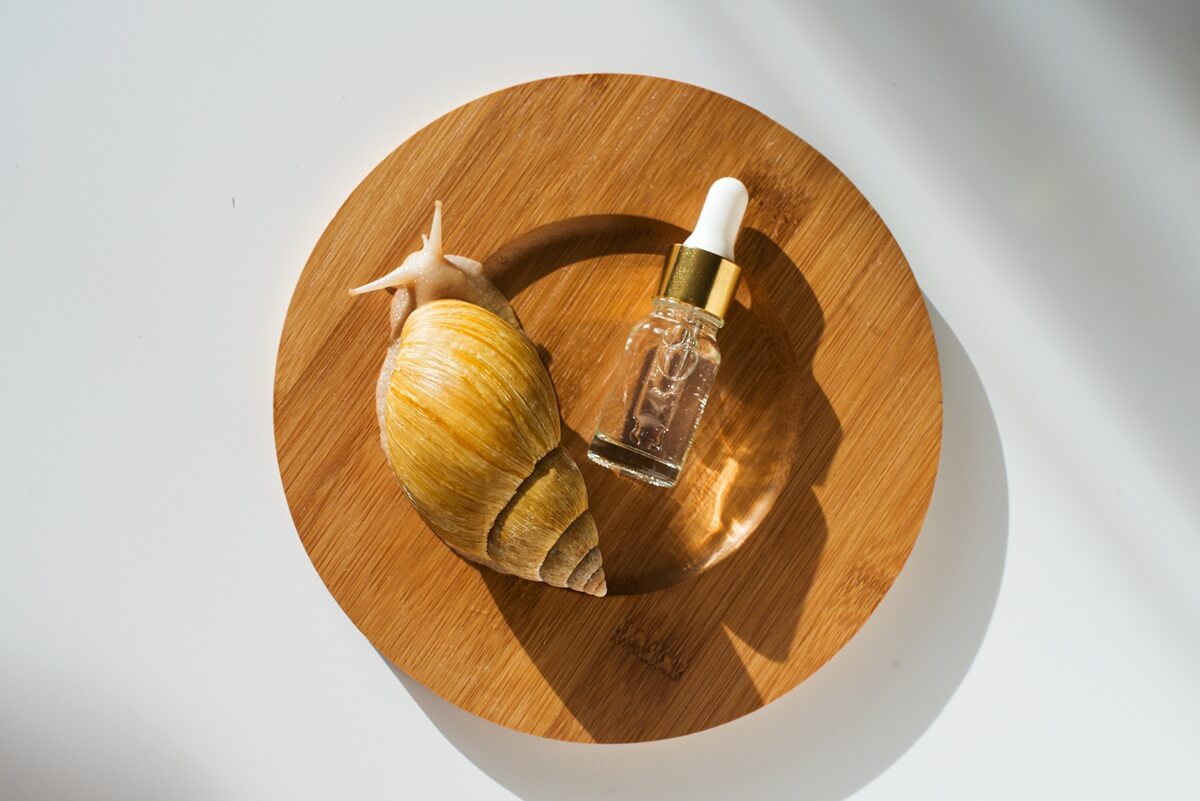 Duży ślimak obok buteleczki serum ze śluzem ślimaka, ustawione na okrągłej drewnianej tacce.