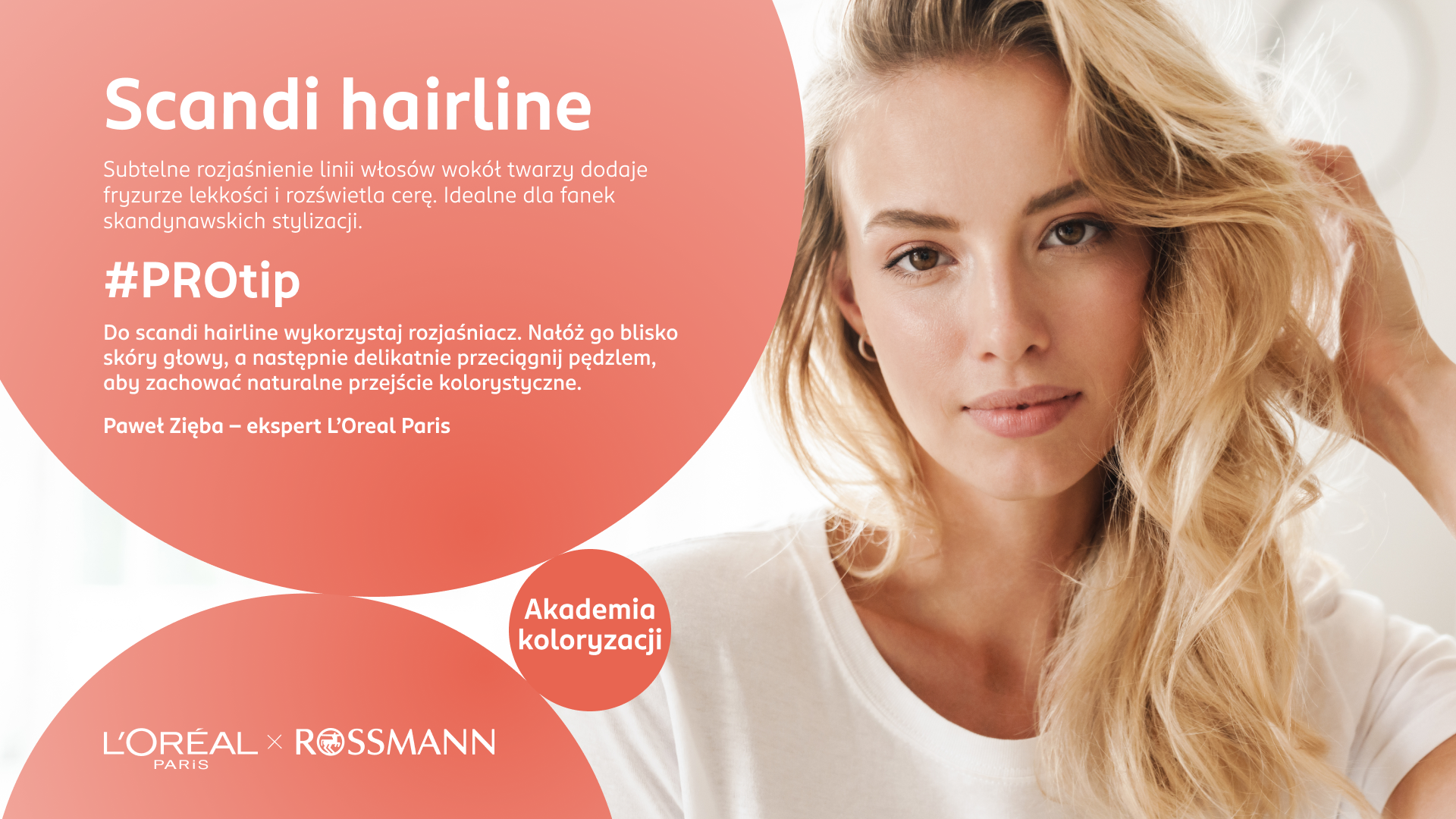 Infografika z kobietą o blond włosach, która chce wykonać scandi hairline.