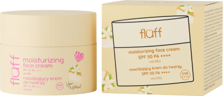 Opakowanie i słoiczek nawilżającego kremu do twarzy Fluff SPF 50 PA++++