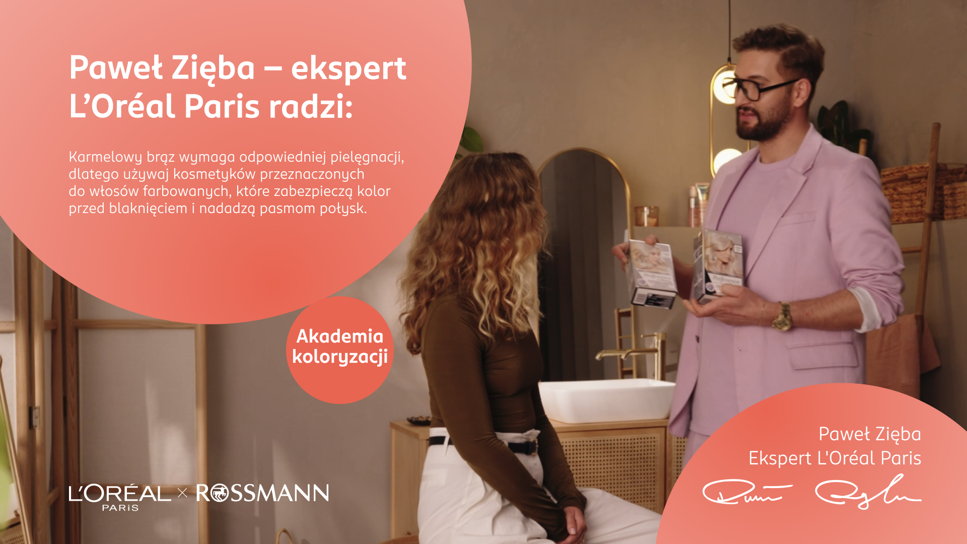 Infografika z Pawłem Ziębą, ekspertem L'Oréal Paris, dotycząca pielęgnacji włosów po koloryzacji pasm na karmelowy brąz.
