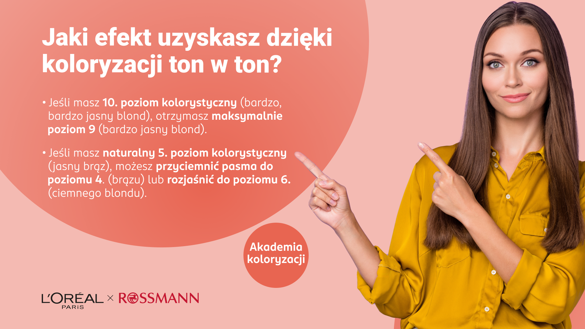 Kobieta z długimi, brązowymi włosami wskazuje na tekst dotyczący efektu koloryzacji ton w ton.