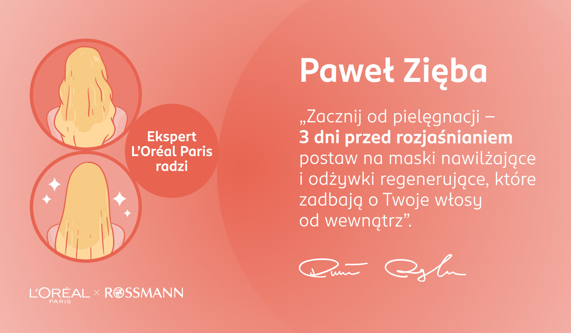Infografika przedstawiająca Pawła Ziębę, która udziela porady dotyczącej pielęgnacji włosów przed rozjaśnianiem włosów