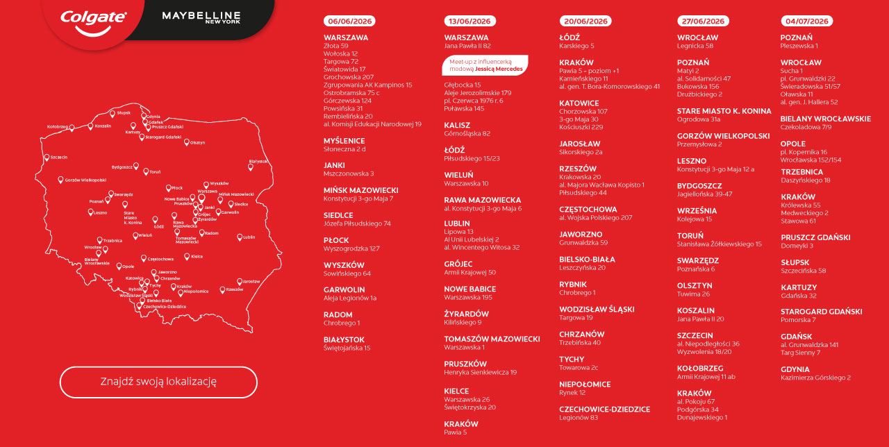 Mapa lokalizacji akcji Glow Experience Tour