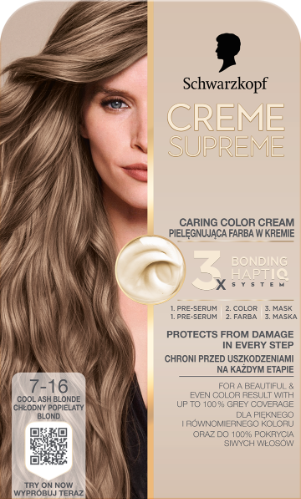 Opakowanie farby do włosów Schwarzkopf Creme Supreme 7-16 