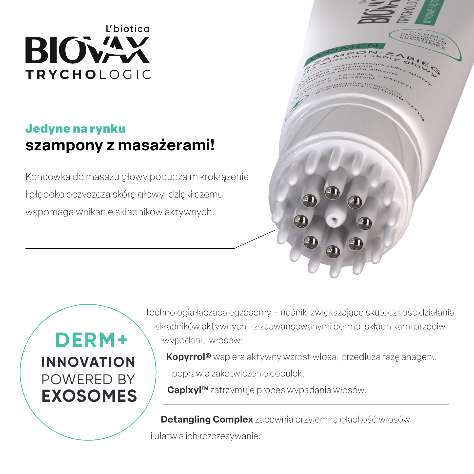 Grafika reklamowa szamponu BIOVAX Trychologic z wbudowanym masażerem skóry głowy, z hasłem o pobudzaniu mikrokrążenia i technologii DERM+ powered by exosomes.