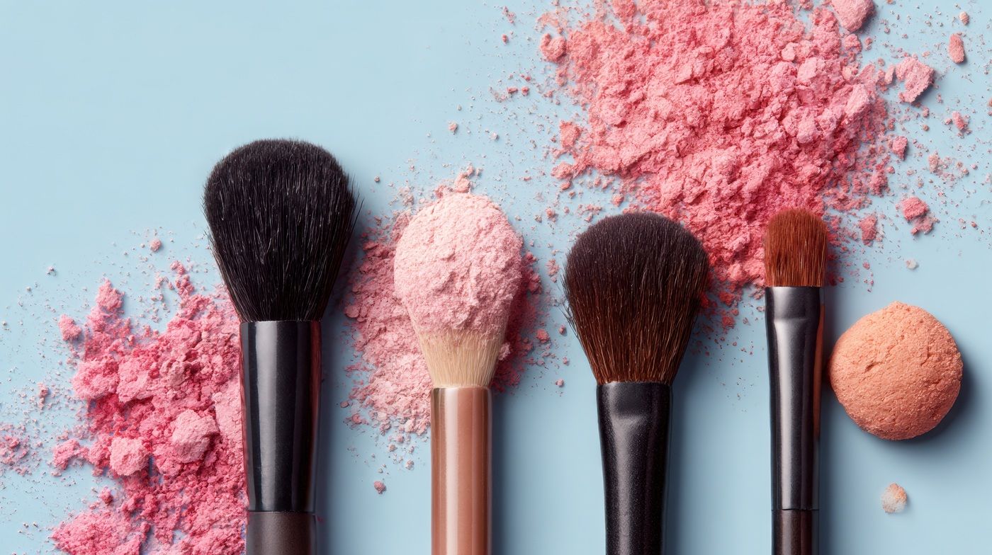 Pędzle do makijażu zanurzone w sypkich kosmetykach w odcieniach różu i brzoskwini na jasnoniebieskim tle.