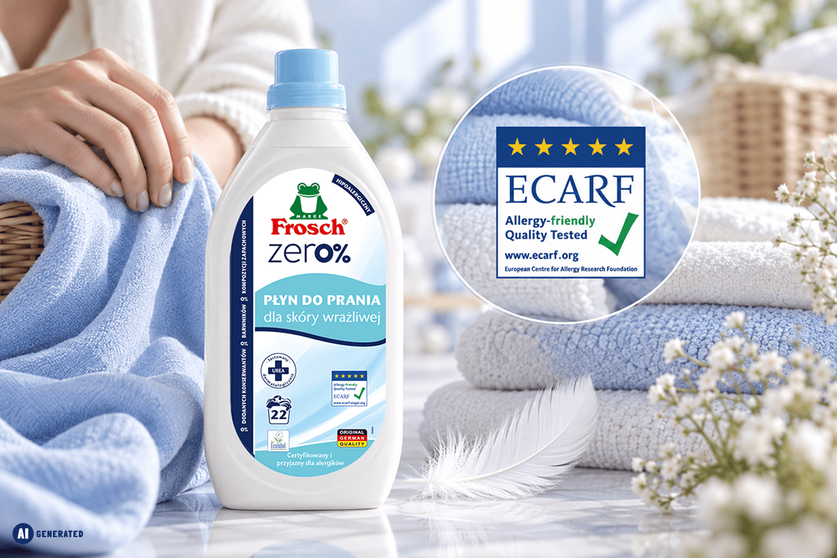 Płyn do prania Frosch Zero% dla skóry wrażliwej ustawiony obok miękkich ręczników, z wyraźnie widocznym certyfikatem ECARF potwierdzającym testy jakości dla alergików. 