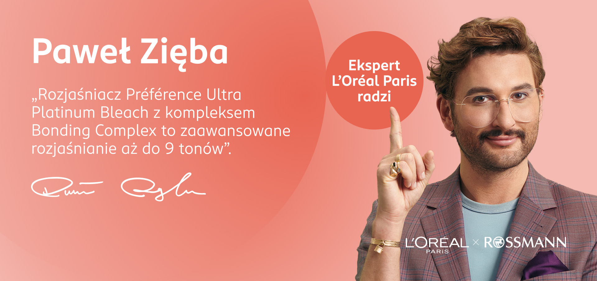 Infografika przedstawiająca Pawła Ziębę, która udziela porady dotyczącej rozjaśniacza Préférence Ultra Platinum Bleach