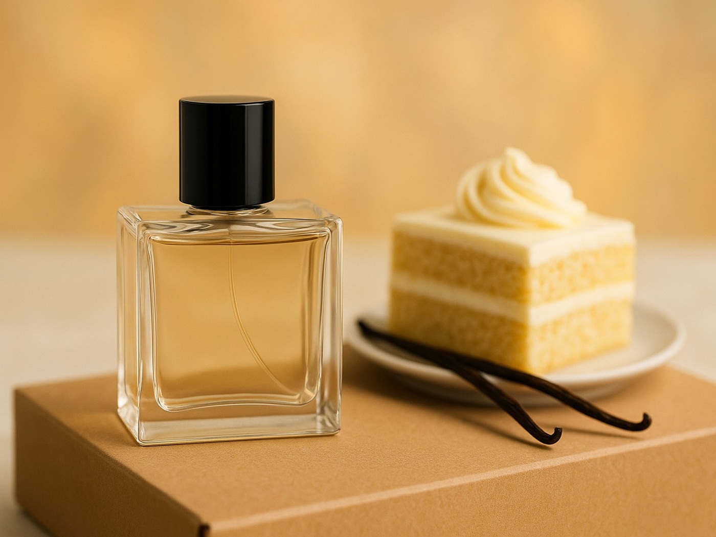 Flakon perfum stojący obok lasek wanilii i słodkiego ciasta