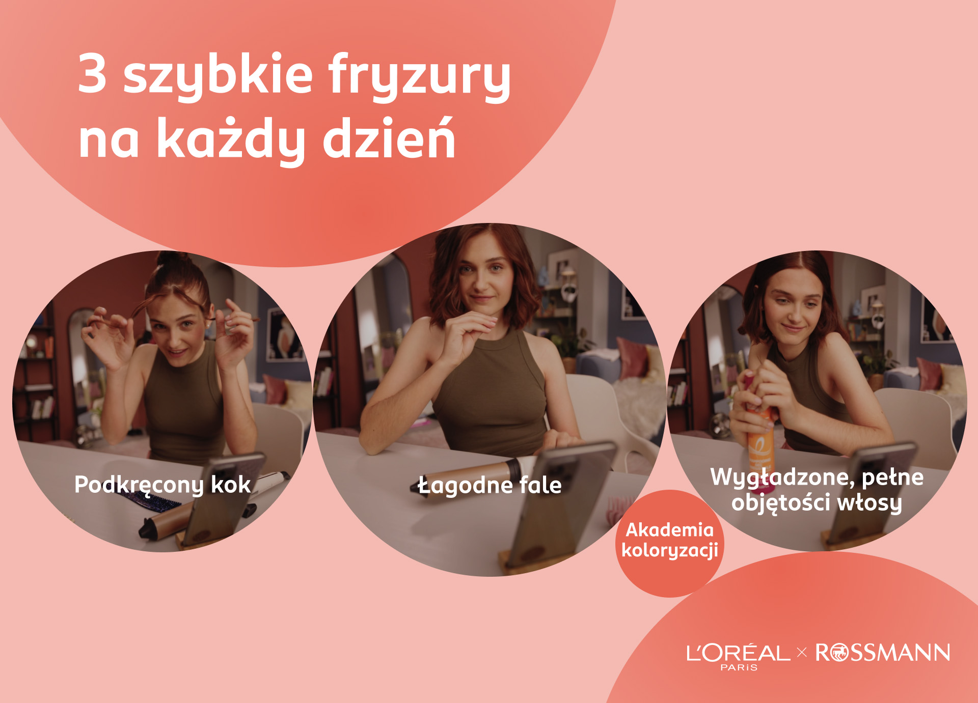 Infografika Akademii Koloryzacji z 3 szybkimi fryzurami idealnymi na każdy dzień