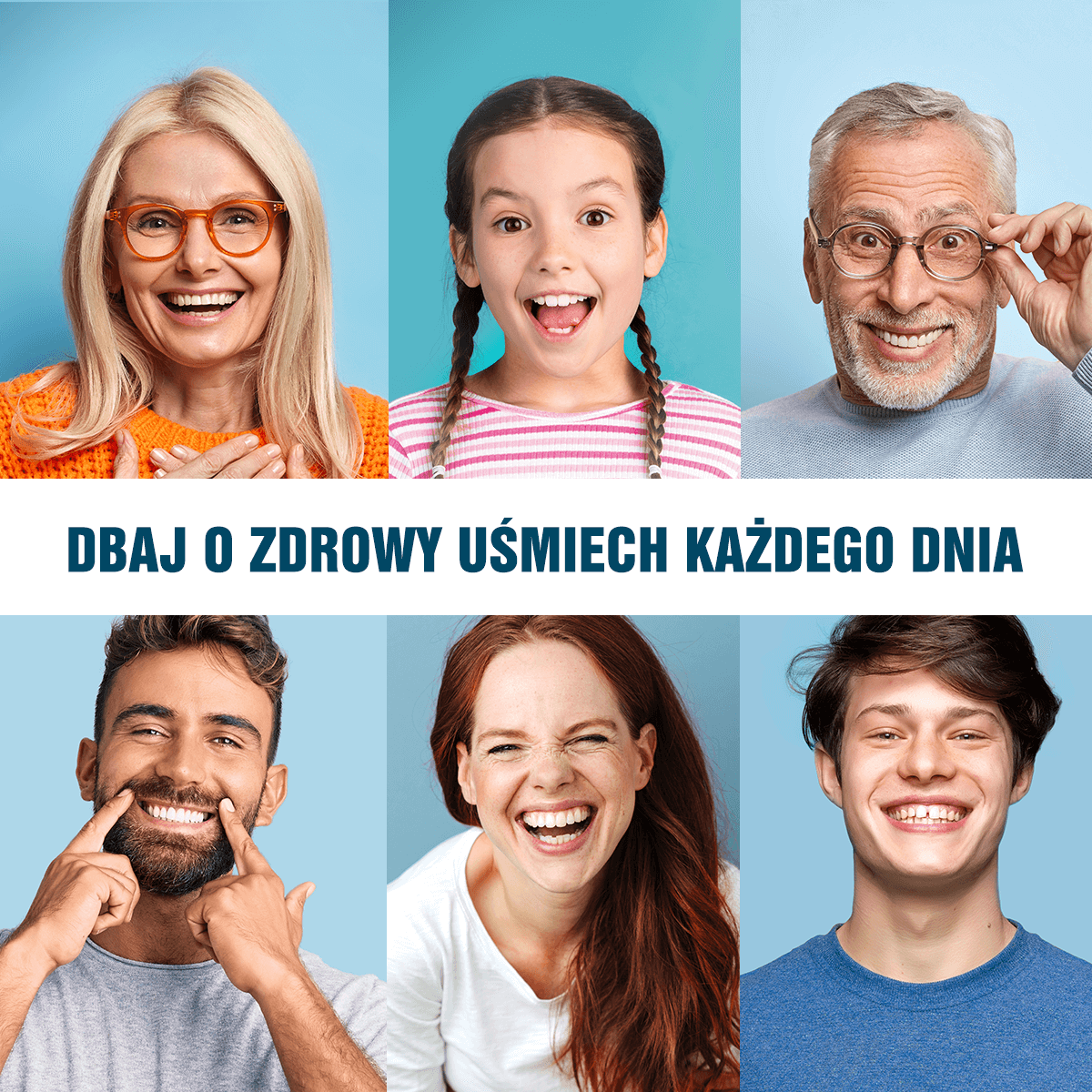 6 osób w różnym wieku pokazująca zdrowy uśmiech