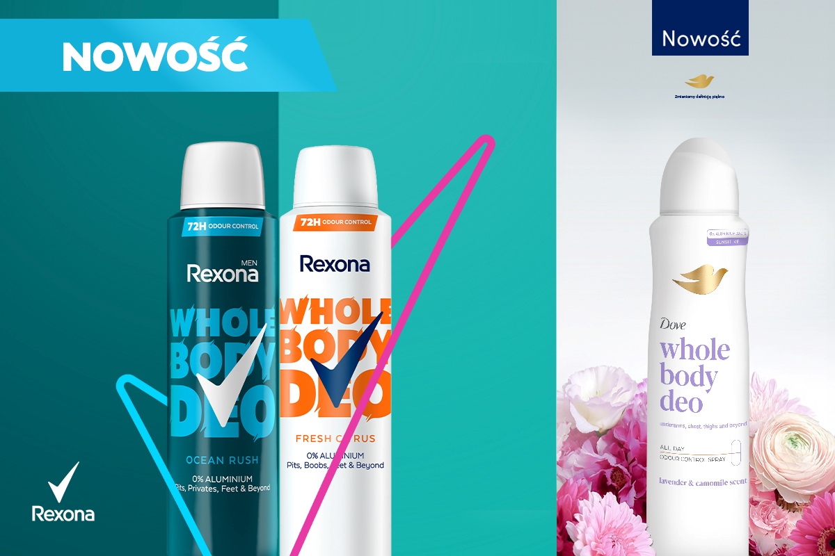 Grafika promująca nowość Whole Body Deo marki Rexona i Dove. Widoczne trzy dezodoranty w sprayu na kolorowym tle, w tym warianty Rexona Ocean Rush, Fresh Citrus oraz Dove Lavender & Chamomile