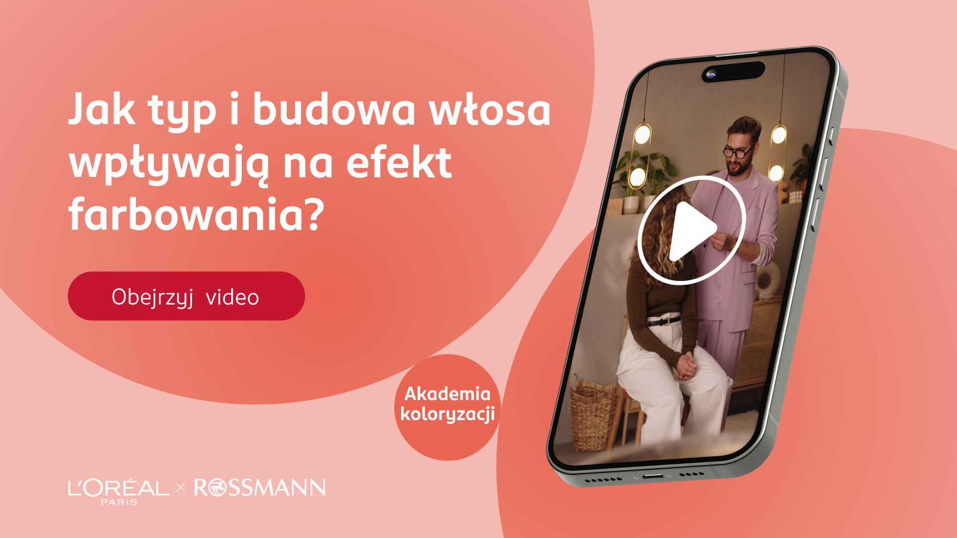 Grafika z pokazanym ekranem telefonu promująca materiał wideo na temat efektów farbowania w zależności od typu i budowy włosa.