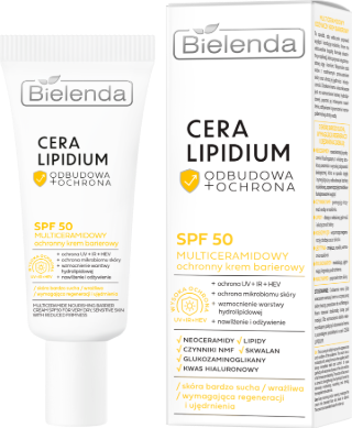 Opakowanie i tubka multiceramidowego kremu barierowego SPF 50 Bielenda Cera Lipidium