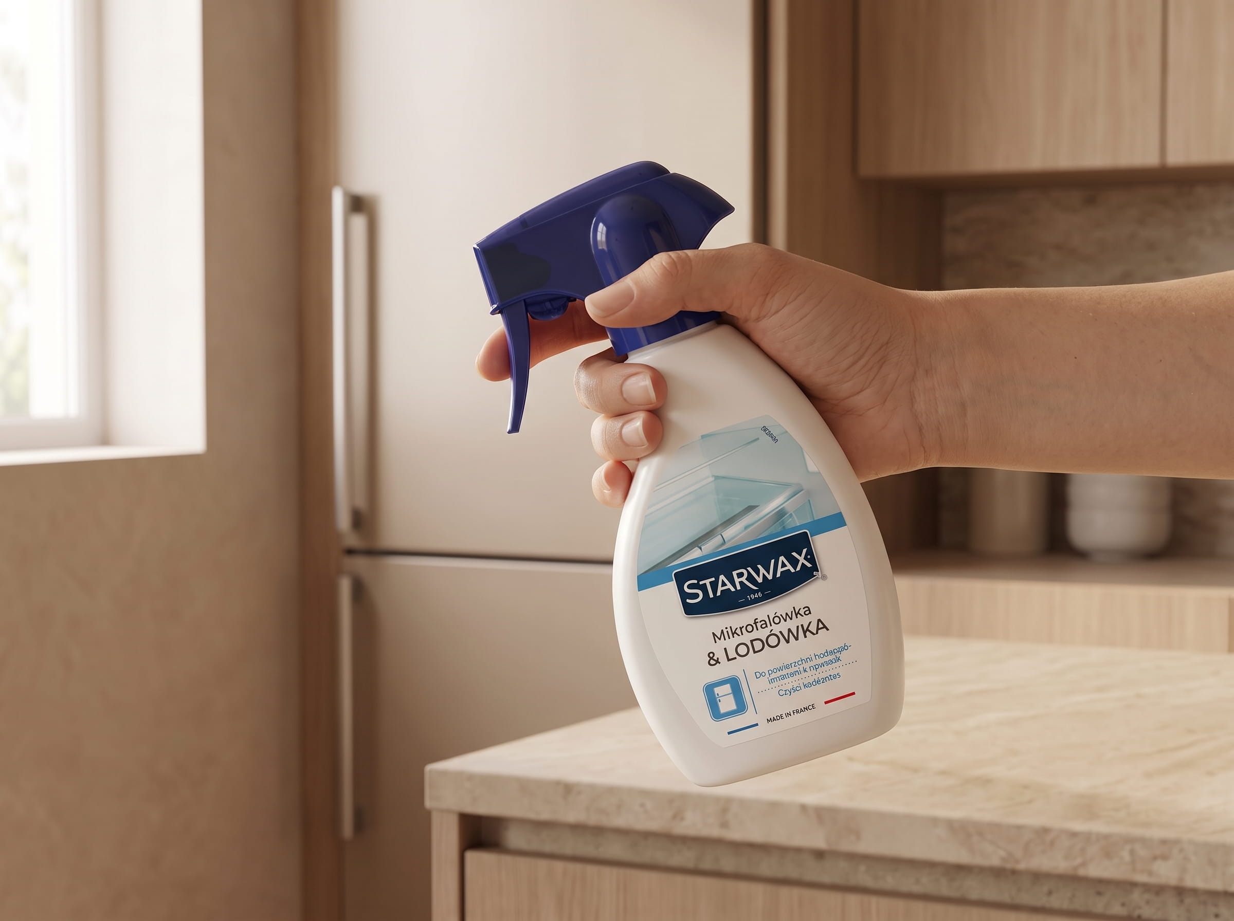 Dłoń trzymająca spray Starwax do czyszczenia mikrofali i lodówki na tle jasnej, nowoczesnej kuchni w beżowych odcieniach.