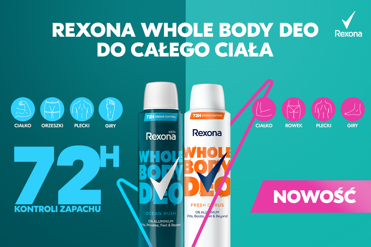 Grafika reklamowa przedstawiająca dwa opakowania Rexona Whole Body