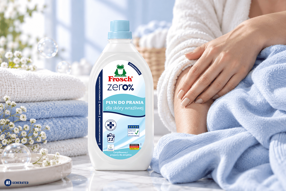 Płyn do prania Frosch Zero% dla skóry wrażliwej i przyjazny alergikom, ustawiony obok miękkich ręczników i jasnoniebieskiego koca, z dłonią opartą na tkaninie nawiązującą do delikatnej pielęgnacji skóry. 