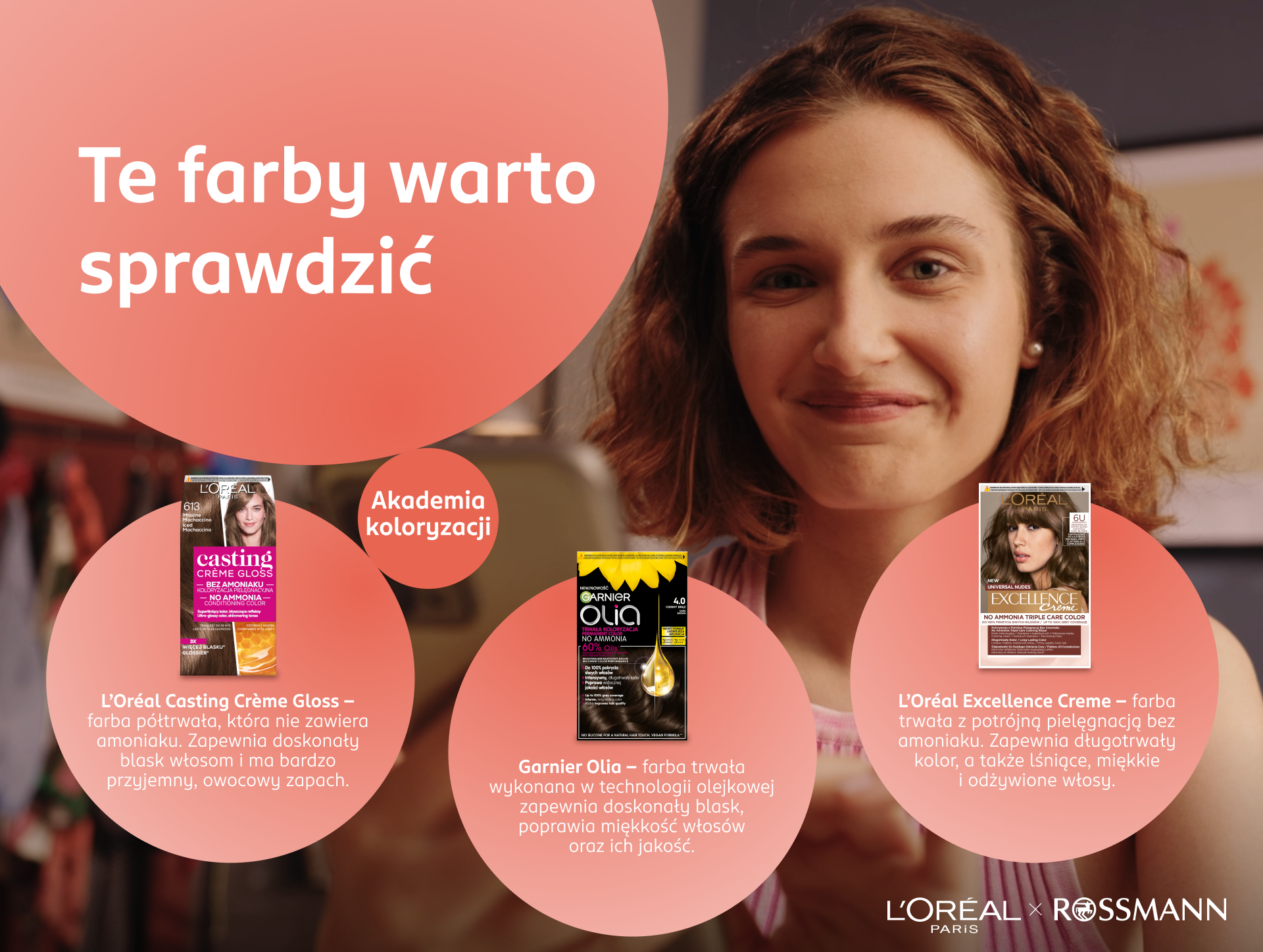 Infografika z trzema polecanymi farbami do włosów.