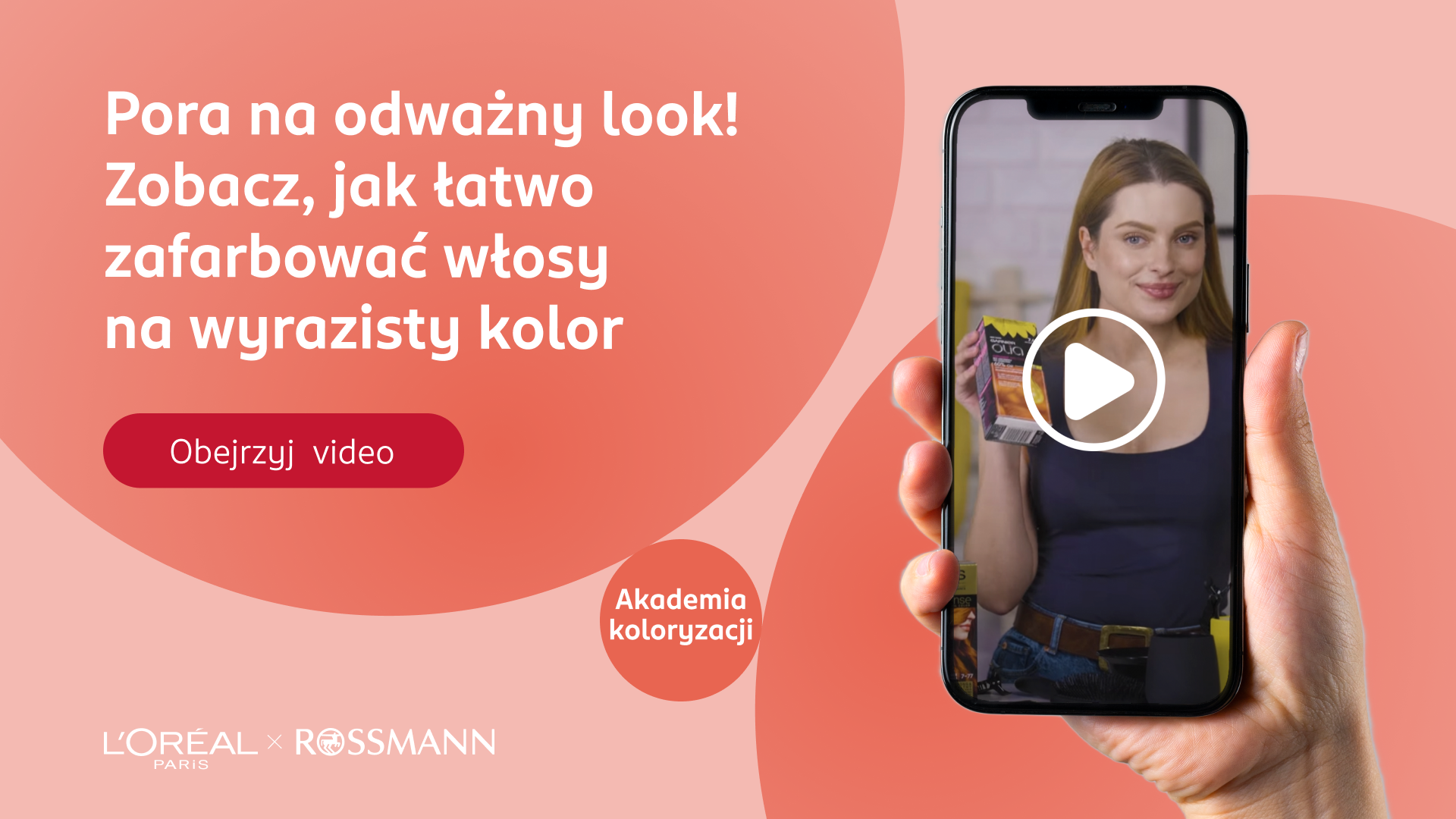 Grafika z ekranem telefonu promująca materiał wideo Akademii Koloryzacji o farbowaniu włosów na wyraziste kolory.