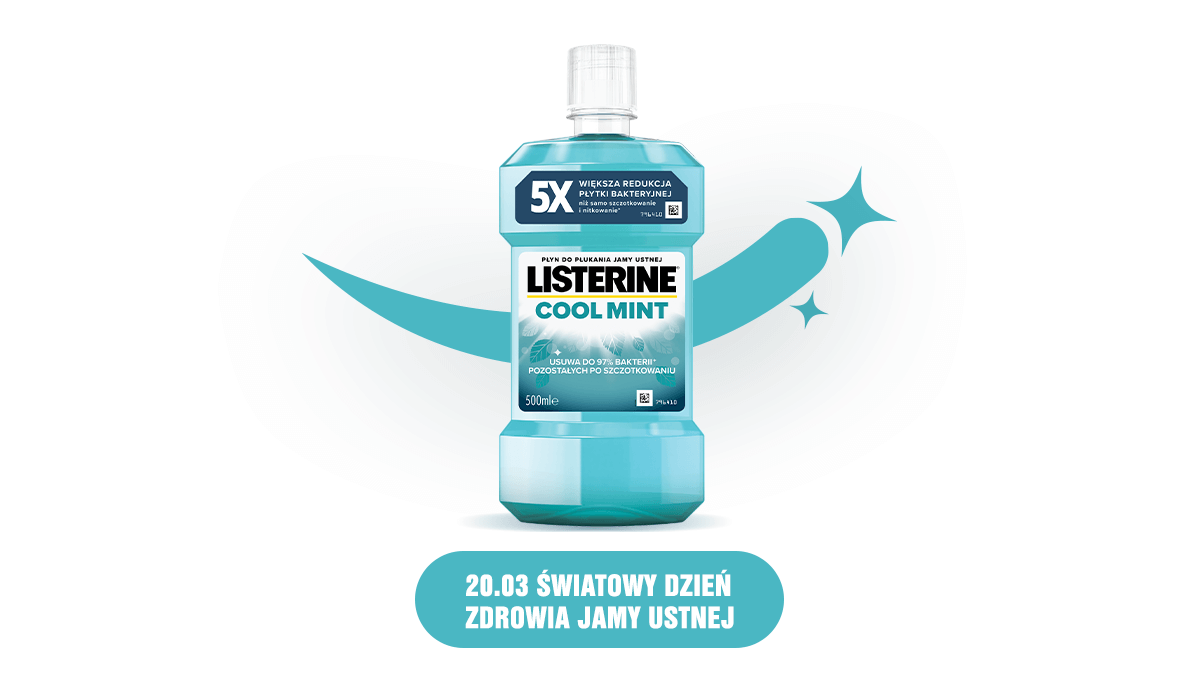 Banner przedstawiający butelkę Listerine na Światowy Dzień Zdrowia Jamy Ustnej