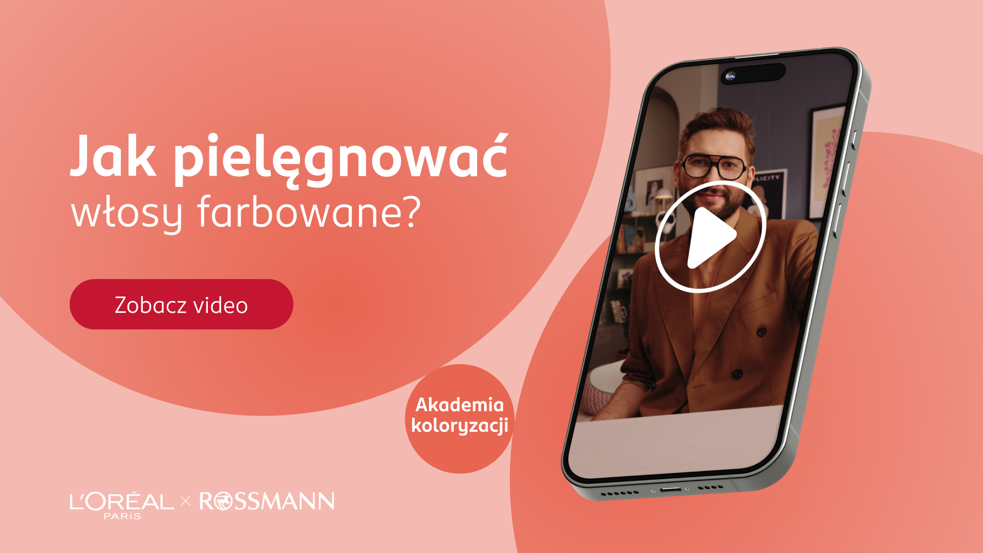 Grafika z ekranem telefonu promująca materiał wideo Akademii Koloryzacji o pielęgnacji włosów farbowanych.