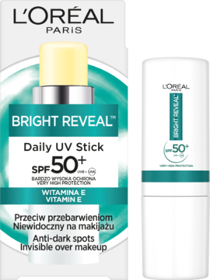 Opakowanie sztyftu L'Oréal Paris Bright Reveal Daily SPF 50+ przeciw przebarwieniom