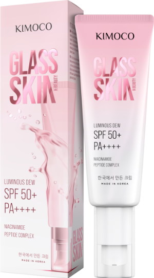 Opakowanie i tubka kremu do twarzy Kimoco Glass Skin z filtrem SPF 50+ PA++++ 