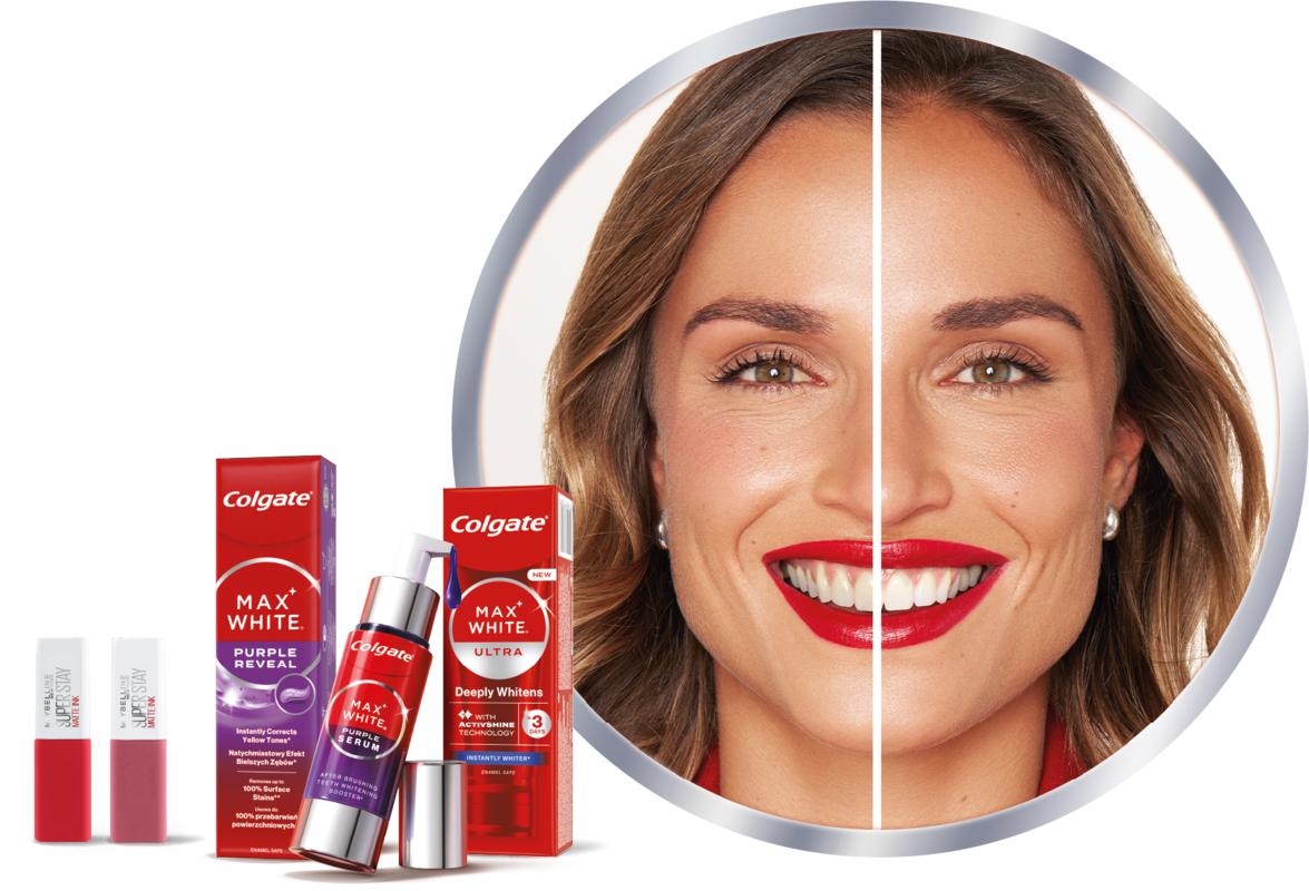 Kobieta z porównaniem efektu wybielania zębów oraz produkty Colgate Max White i pomadki do ust.