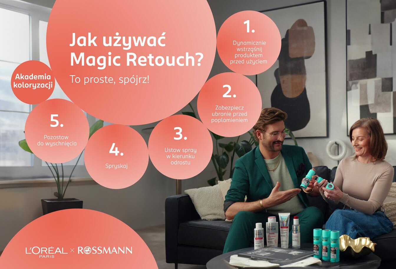 Sposób użycia spray’u do odrostów Magic Retouch – infografika