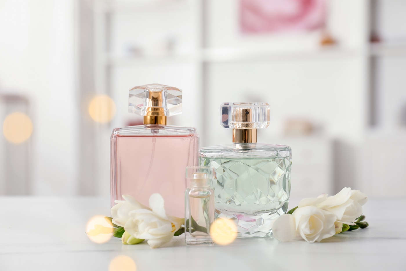 Dwa flakony perfum stoją w otoczeniu białych kwiatów