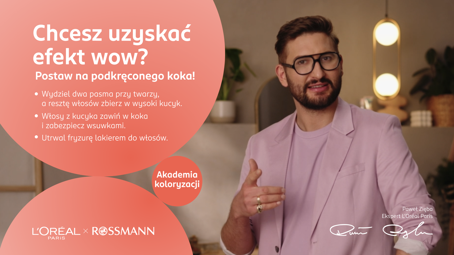Grafika z poradą od Pawła Zięby, eksperta L'Oréal Paris, dotycząca wykonania koka.