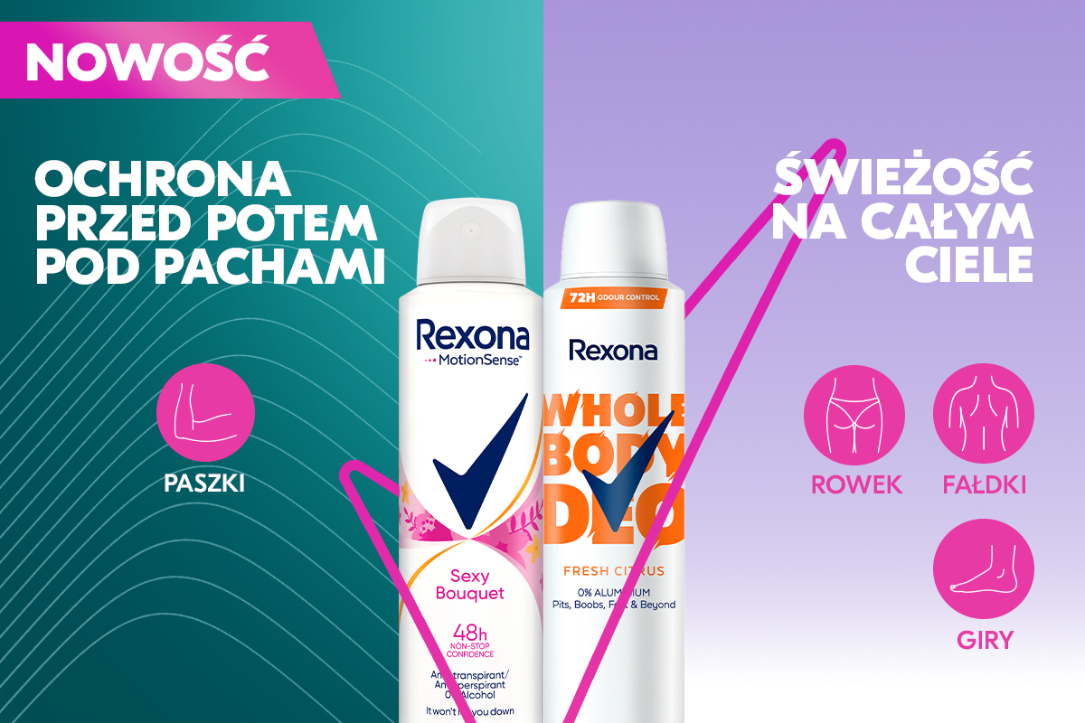 Grafika reklamowa prezentująca dwa opakowania nowości od Rexona