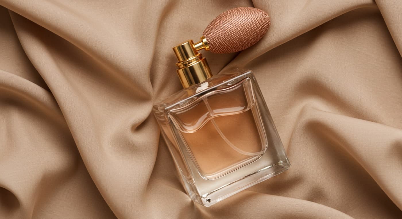 Flakon perfum old money z aplikatorem w kształcie pompki na satynowym materiale.