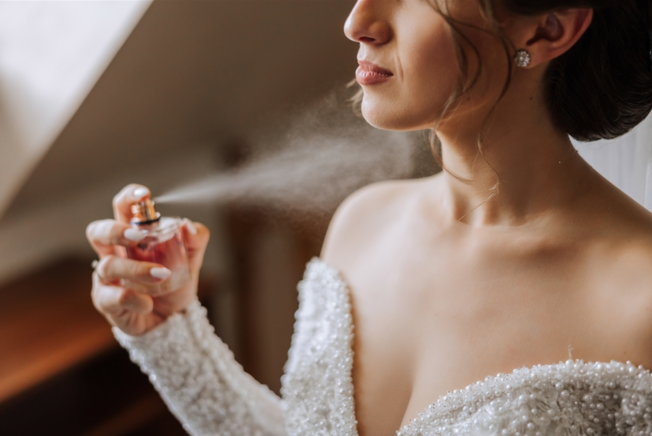 Kobieta psika perfumami w kierunku dekoltu