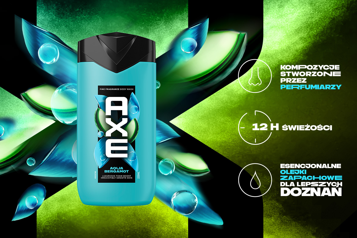 Żel pod prysznic AXE Aqua Bergamot na intensywnym zielono-czarnym tle z niebieskimi płatkami i kroplami wody.